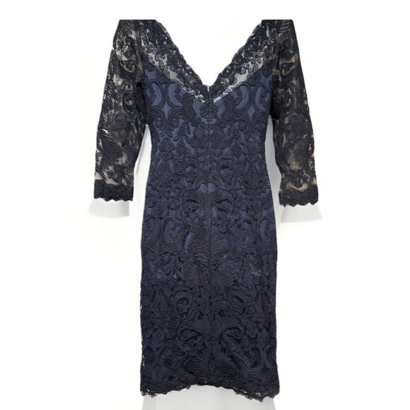TADASHI SHOJI $473 Navy Lace Illusion Lined Evening Dress Size 10 Wedding Guest - Picture 8 of 10